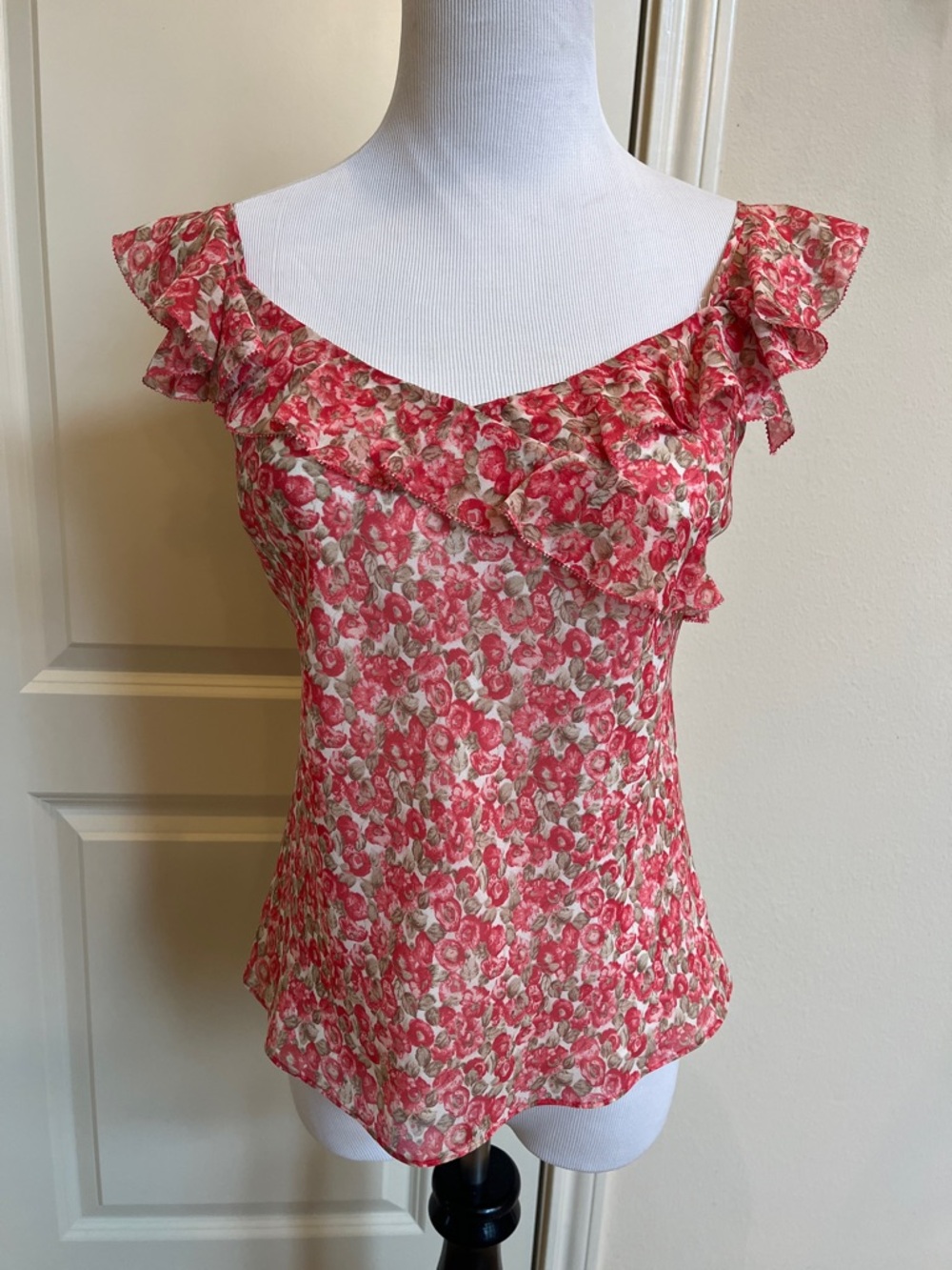 Ann Taylor Pink Floral Ruffle-Trim Camisole